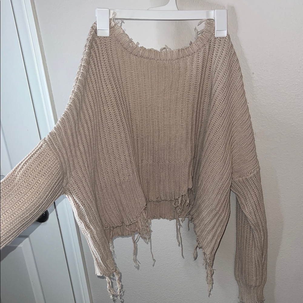 Skylar + Madison Frayed Hem Tan Sweater